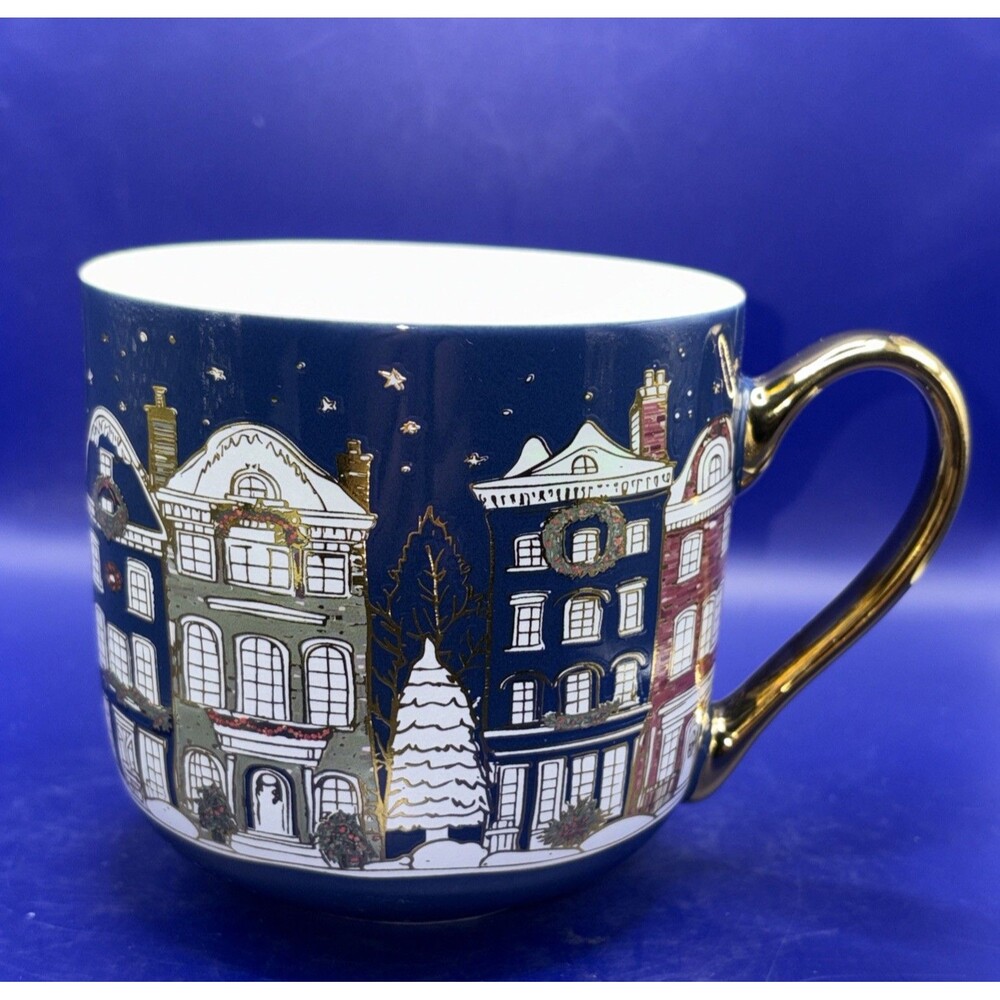 Christmas Winter Cityscape Ceramic Mug Blue Gold Handle - “Anthropology Style”